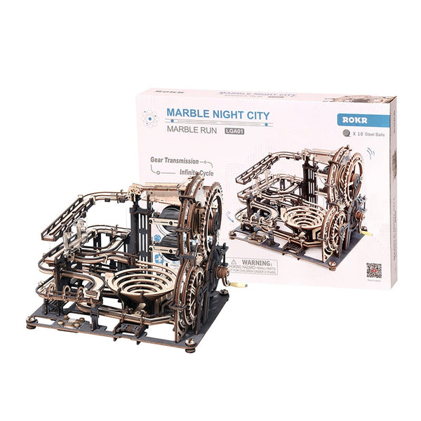 ROKR Circuits De Billes Électrique 3-en-1 – Maquette Bois Puzzle 3D Spaceport, Night City & Link Pack