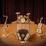 collections de 4 instruments de musique batterie violoncelle accordeon saxophone en puzzle 3d rolife golemites