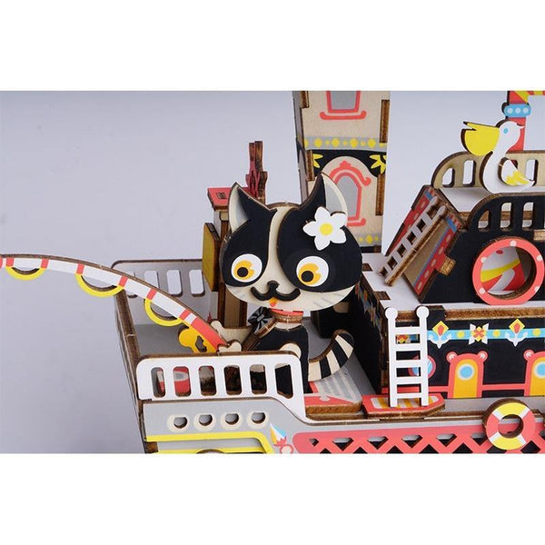 Puzzle 3D bois Boîte à musique Chat Pêcheur